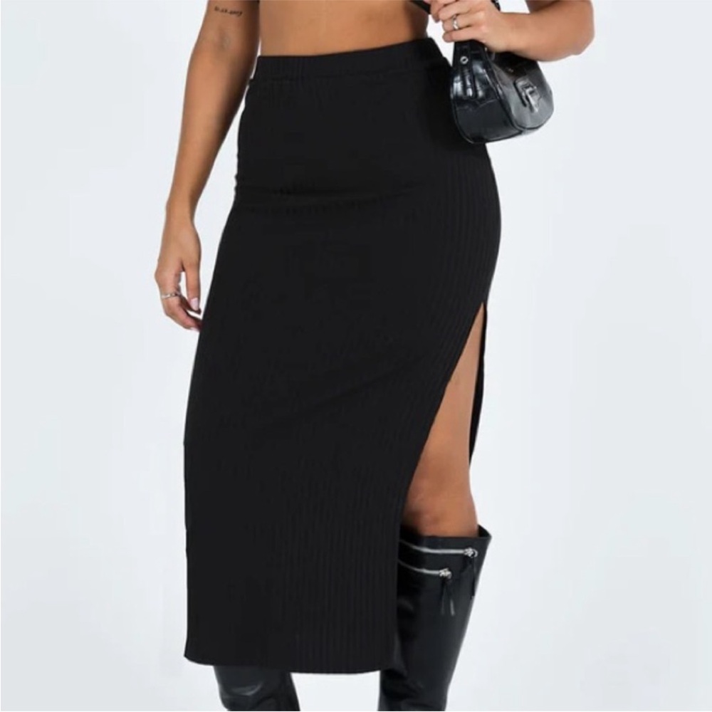 Princess Polly Ellie Skirt Black Ribbed Knit Midi Skirt Leg Slit Size US 8